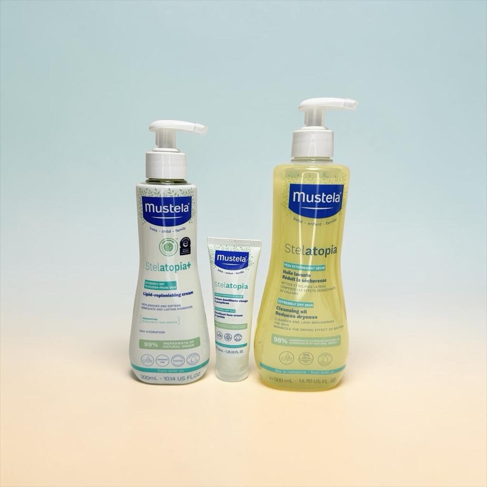 Mustela Stelatopia Cream, Cleansing Oil + Face Cream Baby Bundle